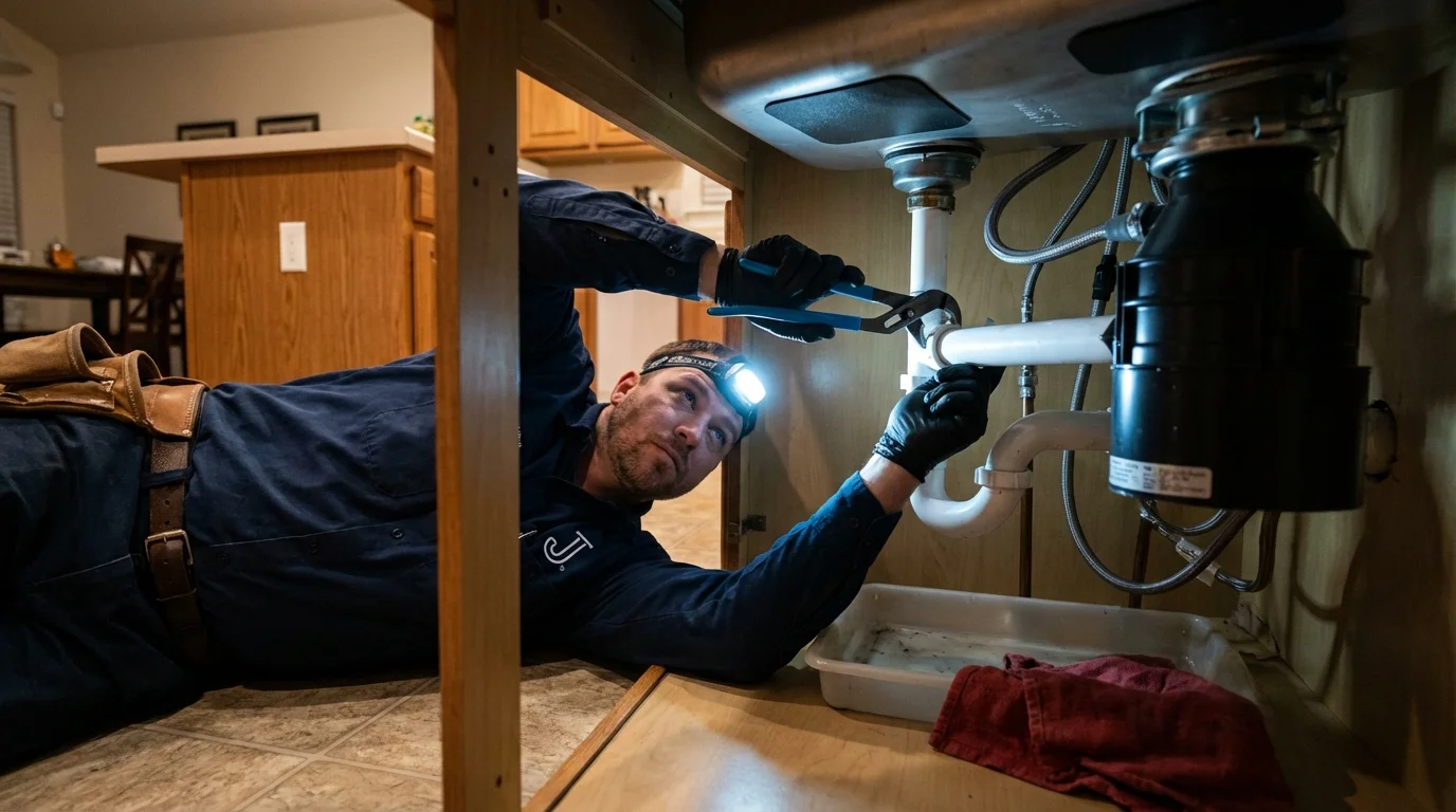 P-trap and supply line connections under a kitchen sink showing a common leak point in Pembroke Pines, FL